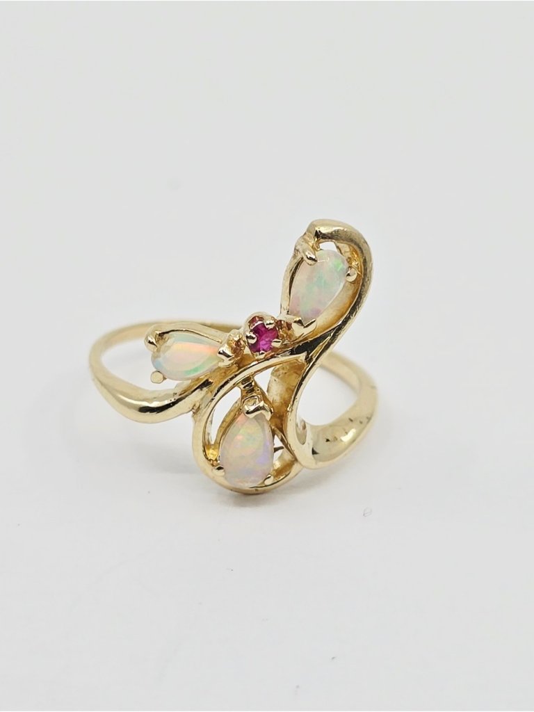 Unique 14k Karat Solid Yellow Gold Designer Teardrop Opal  Ruby Ring  Size 5